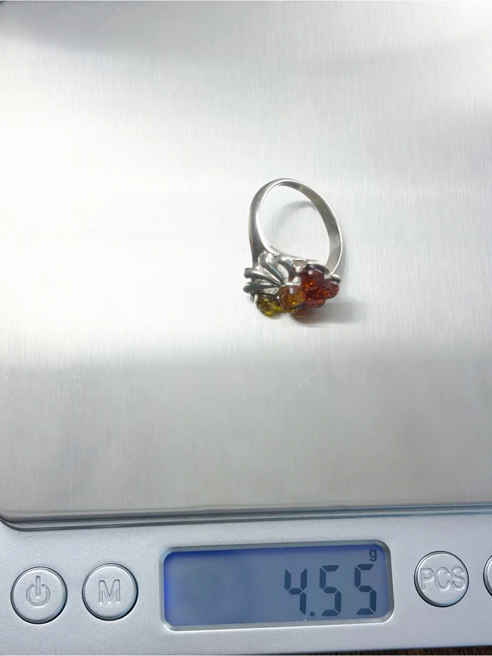Estate Sterling Silver 925 Amber Cluster Ring Size 7.5 7 1/2 Pear Multicolored